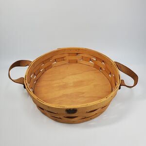 VINTAGE 13.25" PETERBORO BASKET CO. ROUND BASKET WITH LEATHER HANDLES